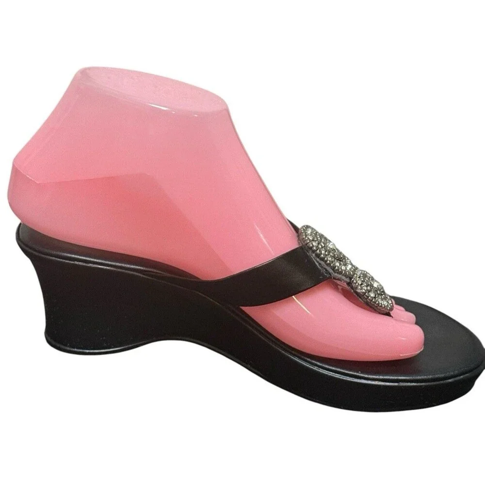 Italian Shoemakers Black Leather Wedge Sandals Rhinestone Size 7 Italy Comfort